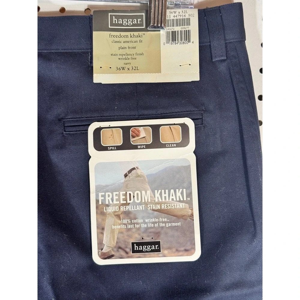 Haggar Freedom Khaki Mens 36x32 Navy Blue Plain Front Cotton Stain Resistant New